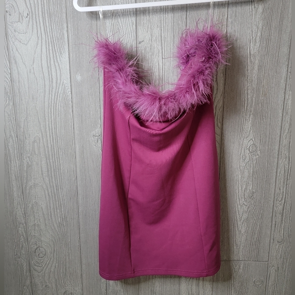 Better Be Magenta Pink‎ Faux Feather Trim Mini Dress Bodycon Sleeveless Large